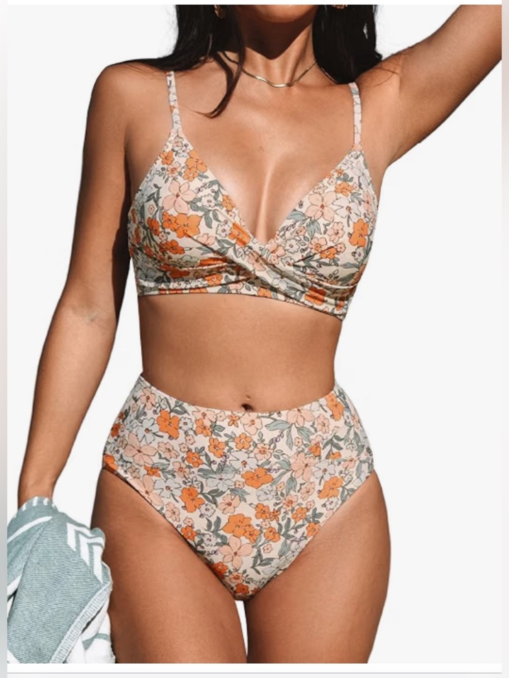 Cupshe:  Floral High-Waist Bikini Set - Orange/Beige